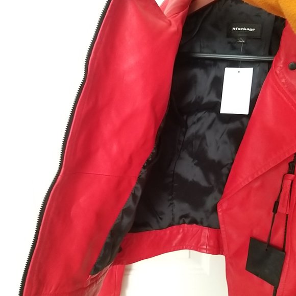 Mackage Hania Leather Moto Zip Jacket Size xxs Red / Flame New (Missing Belt) - Picture 5 of 16